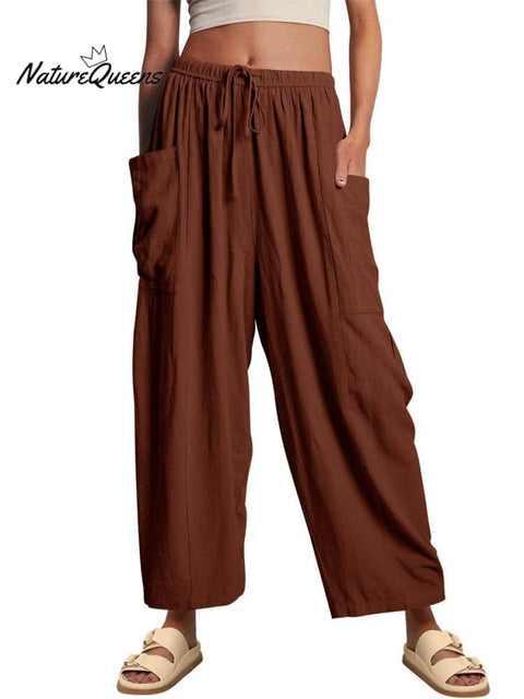 Women's Stylish Casual Fashionable Elastic Waist Loose Cotton Linen Pants