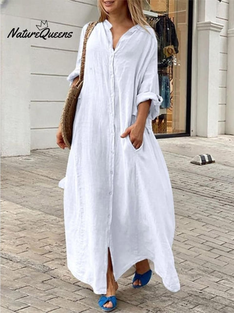 Casual Cotton And Linen Shirt Dress White / S