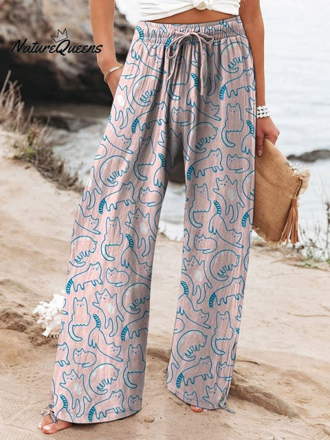 Women's Lovely Cute Cats Art Printed Cotton And Linen Casual Pants