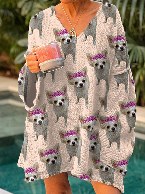 Women's Funny Dog Art Print Casual Pullover Sweater