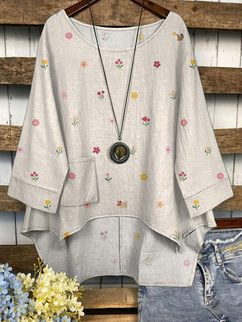 Sweet Spring Floral Pattern Printed Women's Casual Long Sleeve Comfortable Cotton Top