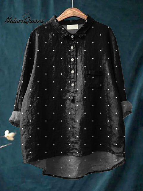 Polka Dot Pattern Printed Women's Casual Cotton And Linen Shirt