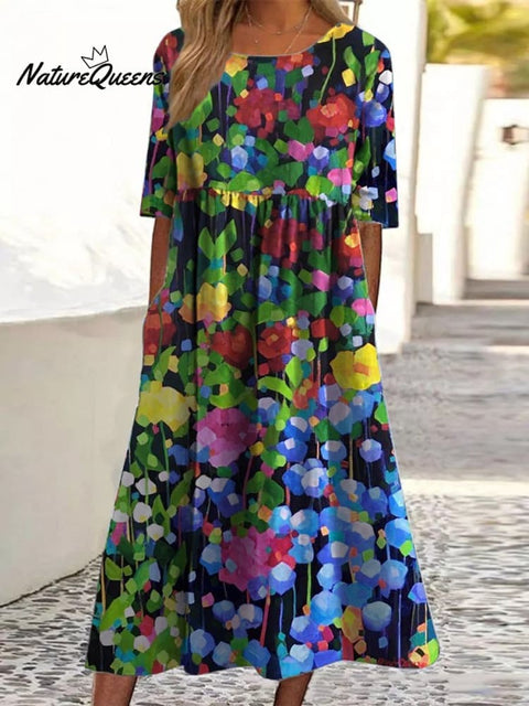 Abstract Floral Field Art Printed Women's Pocket Cotton Dress