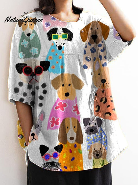 Women's Colorful Cartoon Funny Puppy Print Casual Cotton And Linen Shirt