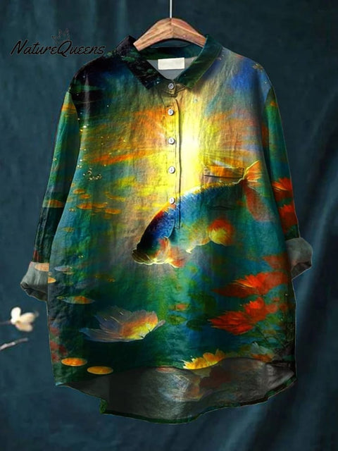 Women's Fish  Art Print Casual Cotton And Linen Shirt