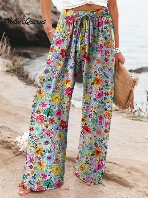 Hand Drawing Style Floral Garden Pattern Printed Women's Cotton And Linen Casual Pants
