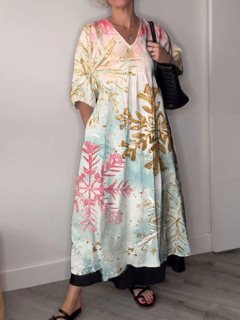 Women's Colorful Snowflakes Art Print Pocket V-neck Cotton Dress