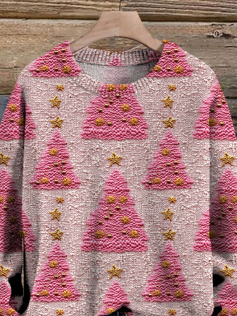 3D Knit Stitch Christmas Tree Pattern Printed Knit Pullover Sweater