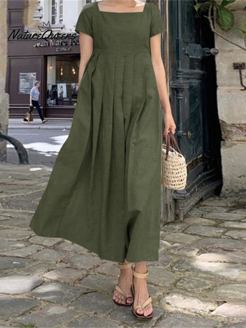 Elegant Casual Maxi Dress In Cotton And Linen Green / S