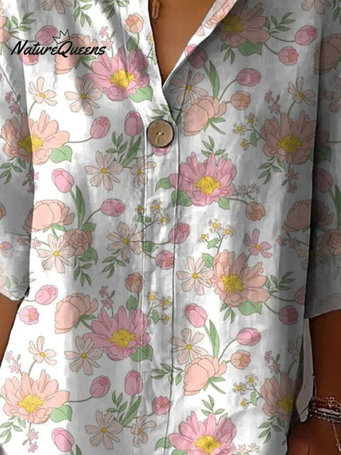 Retro Style Peony And Tulip Floral Pattern Printed Women's Casual Cotton Linen Shirt