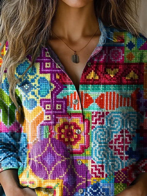 Vibrant Cross Stitch Floral Art Printed Women's Casual Long Sleeve Comfortable Cotton Shirt