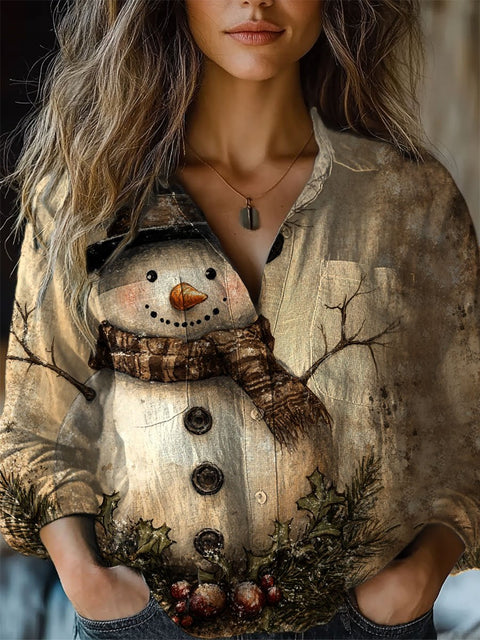 Women's  Retro Snowman Art Print  Casual Long Sleeve Comfortable Cotton Shirt