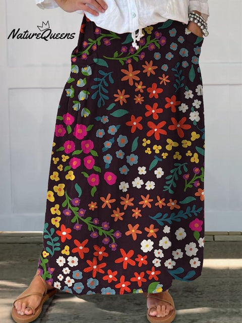 Rainbow Color Botanical Garden Pattern Printed Women's Linen Pocket Skirt
