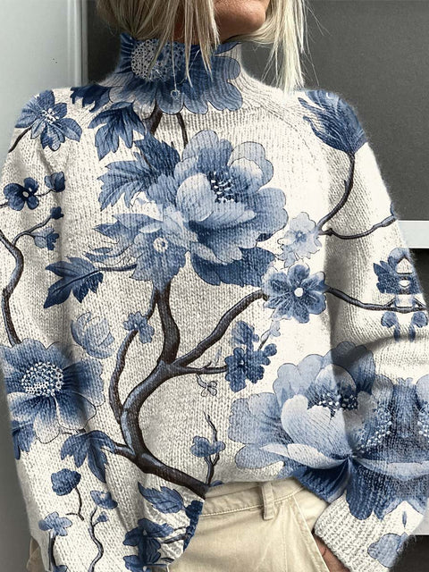 Women's Lovely Floral Art Print Knit Turtleneck Pullover Sweater