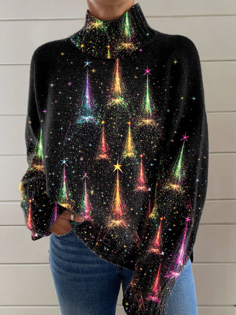 Glitter Christmas Print Knit Turtleneck Pullover Sweater
