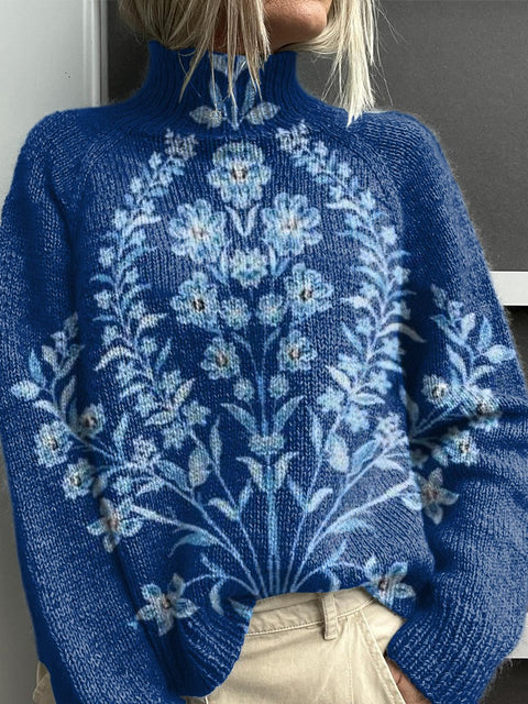 Blue Ethnic Flowers Print Knit Turtleneck Pullover Sweater