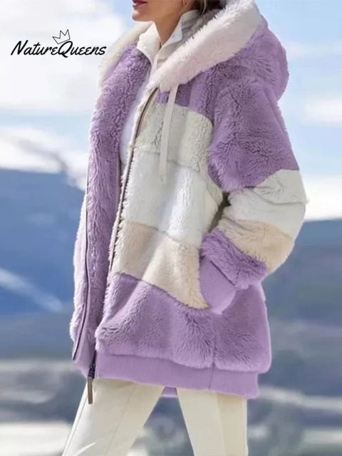 Autumn and Winter Loose Plush Multicolor Hooded Jacket