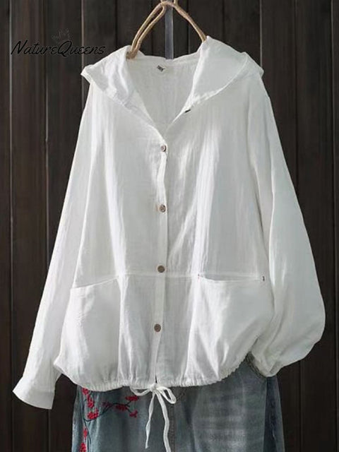 Women's Loose Large Size Cotton Yarn Hooded Long Sleeve Cardigan Casual Jacket
