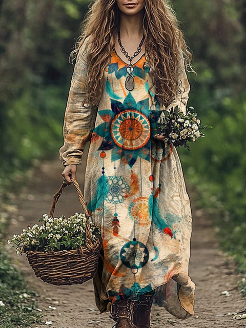 Watercolor Dreamcatcher Art Printed Women's Pocket Cotton Dress