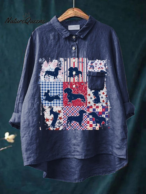 Women's Funny Dog  Art Print Casual Cotton And Linen Shirt