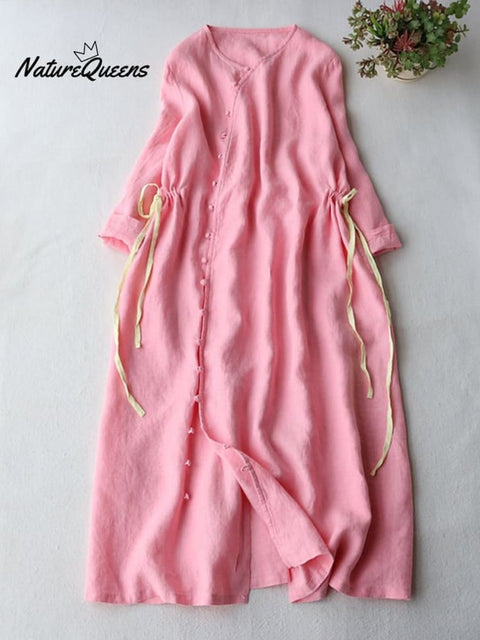 Cotton And Linen V-neck Diagonal Neckline Drawstring Open Button Dress