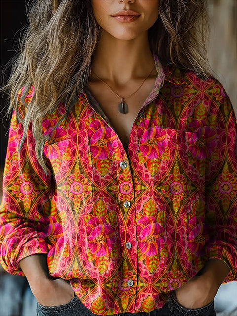 Vibrant Ethnic Pattern Printed Women's Casual Long Sleeve Comfortable Cotton Shirt