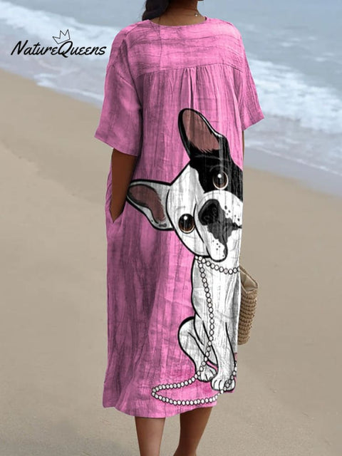 Cute French Bulldog Wearing Pearl Necklace with Head Tilted Decorative Pattern Flowy Dress
