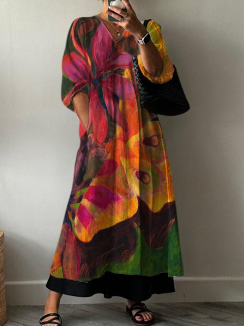 Bright Large Flower Decorative Pattern Pocket V-neck Cotton Dress