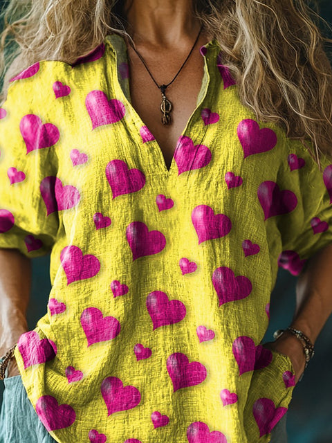 3D Heart Pattern Printed Women's Casual Linen V-Neck Shirt