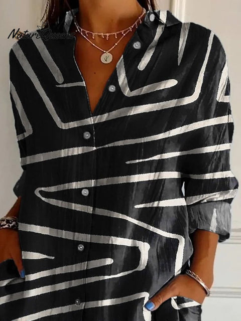 Black And White Geometric Line Pattern Printed Women's Casual Cotton Shirt