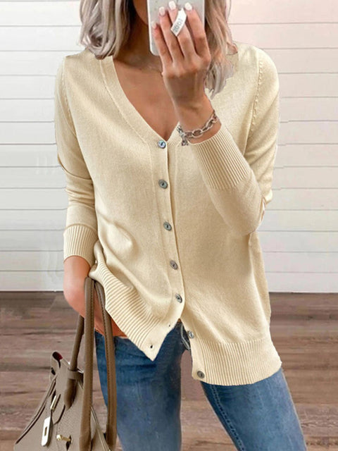 Women's Solid Color Button Long Sleeve V-Neck Cardigan  Sweater
