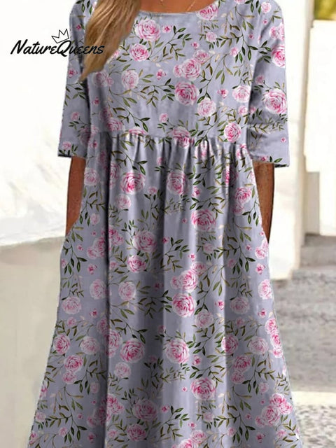 Elegant Pink French Rose Pattern Printed Women's Pocket Cotton Dress