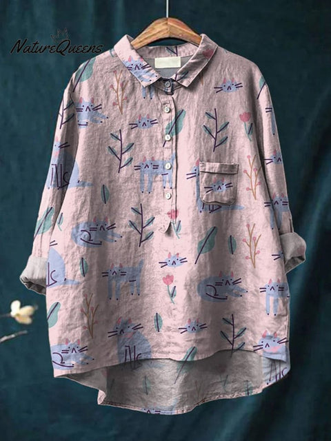 Lovely Cats And Spring Garden Pattern Printed Women's Casual Cotton And Linen Shirt