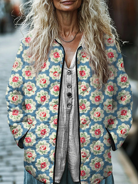 Retro Floral Repeat Pattern Printed Women's Casual Quilted Jacket