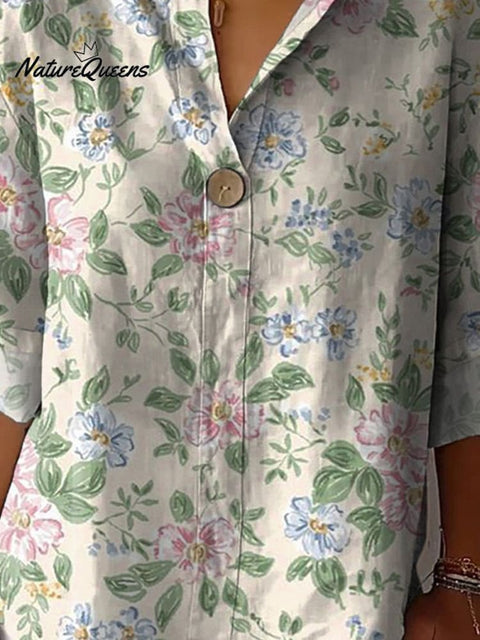 Lovely Hand Drawing Style Floral Pattern Printed Women's Casual Cotton Linen Shirt
