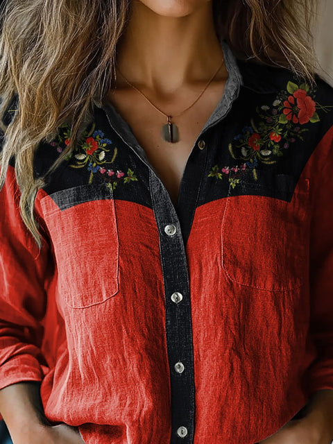 Ethnic Style Embroidery Floral Art Printed Women's Casual Long Sleeve Comfortable Cotton Shirt