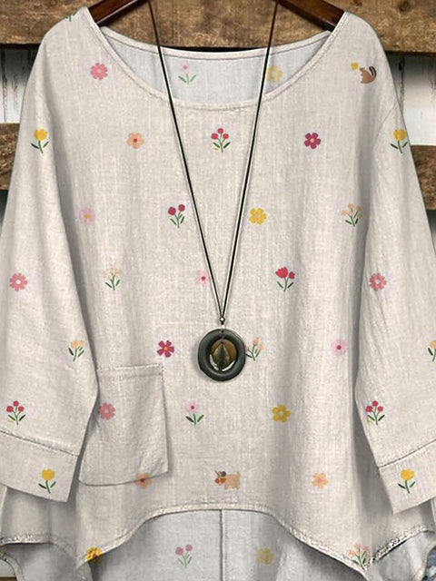 Sweet Spring Floral Pattern Printed Women's Casual Long Sleeve Comfortable Cotton Top