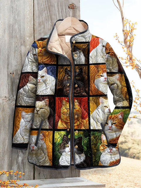 Women's Retro Cats Print Casual Quilted Jacket