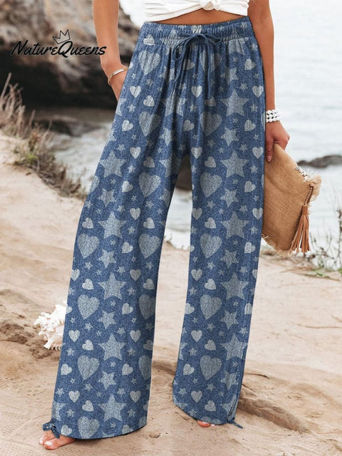 Denim Style Heart And Star Pattern Printed Women's Cotton And Linen Casual Pants