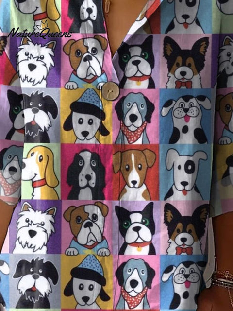 Lovely Check And Puppy Dog Pattern Printed Women's Casual Cotton Linen Shirt