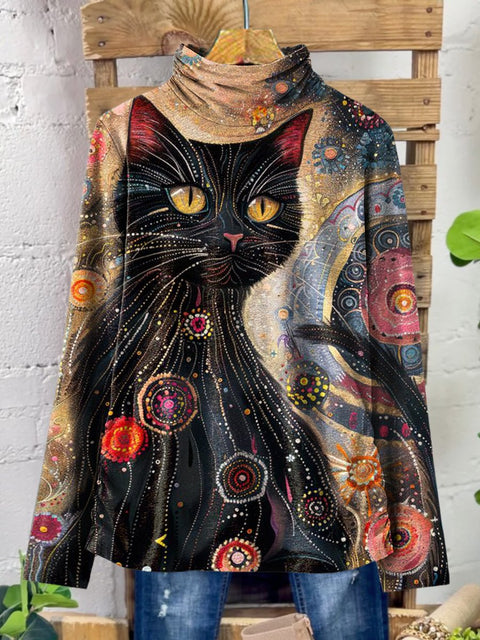 Women's Fantasy Black Cat Print Casual 100% Cotton Top