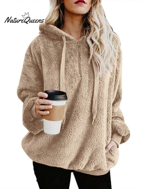 Plush Women's Long Sleeve Hooded Loose Sweatshirt and Fleece Jacket