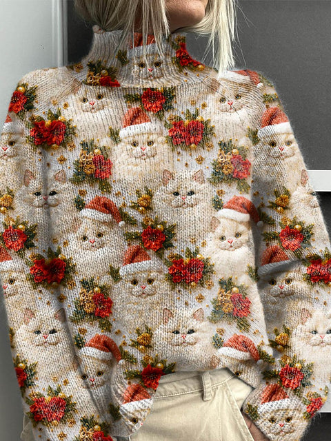 Women's Lovely Christmas Cats Art Print Knit Turtleneck Pullover Sweater