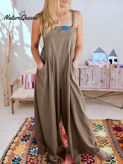 Women’s Solid Color Loose Elegant Casual Cotton Linen Suspender Jumpsuit Brown / S