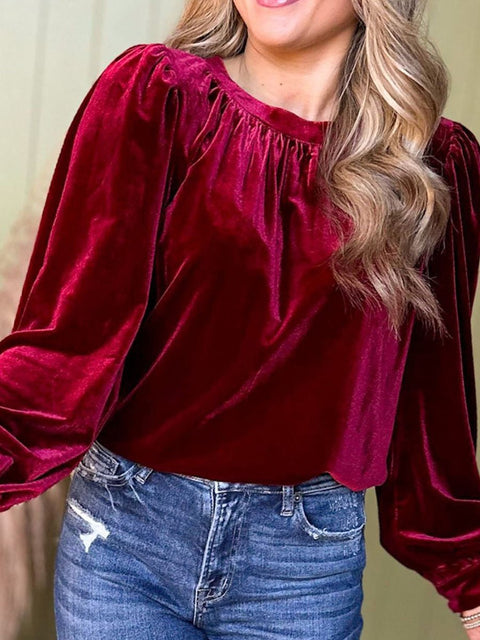 Women's Retro Solid Color Pullover Round Neck Long Sleeve Shirt
