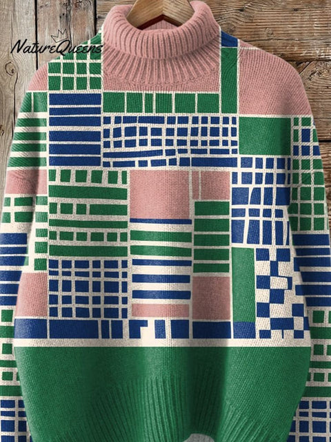 Bauhaus Style Multicolor Geometric Pattern Printed Knit Turtleneck Pullover Sweater