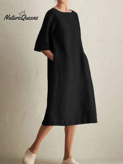 Round - Neck Mid - Sleeve Cotton Linen Pocket Dress Black / S
