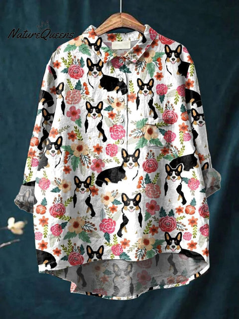 Women's Funny Dog Art Print Casual Cotton And Linen Shirt