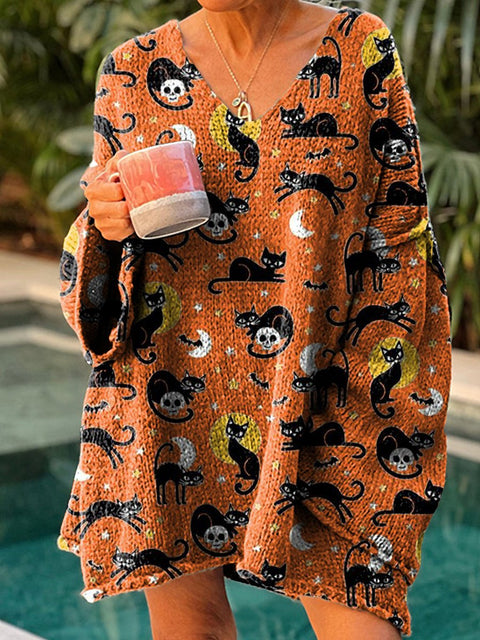 Women's Halloween Cute Cat Casual Pullover Sweater