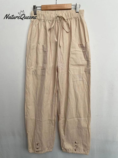 High - Waisted Buttoned Cotton And Linen Pants Cropped Beige / S